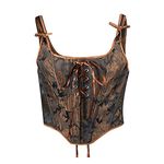 Womens Renaissance Lace up Boned Bustier Vintage Square Neck Sleeveless Floral Cosplay Crop Tank Tops Corset Bodice Shirt, Brown, Large