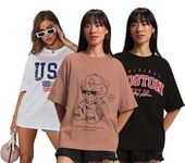 JUNEBERRY® Pure Cotton Oversized Loose Baggy Fit Drop Shoulder Half Sleeve Cool Front & Back Graphic Printed Round Neck T-Shirt for Women & Girls (PO3_JB_USA_BRL_BST_XXL)