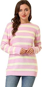 Allegra K Women's Round Neck Drop Shoulder Tunic Striped Sweater Pink Small