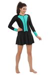 BOSKY Swimwear Frock Style Front Zipper Full Sleeves with Removable Pad Short Tights for Girl and Women, Nylon Lycra 4 Way Stretch (Black-Green_M)