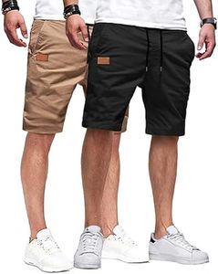 JMIERR Mens 2 Pack Casual Shorts, Black/Khaki, L