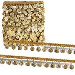 Uniqon (3cm X 8.5 Mtr) Golden Coin/sikka Hanging Latkan Fringe Gota Trim Lace Border for Saree, Suit, Dupatta, Lehenga, Blouse, Dress Designing, Embellishment, Outlining, Craftworks & Decoration