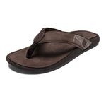 OLUKAI Tuahine Men's Beach Sandals, Quick Dry Flip-Flop Slides, Waterproof Full-Grain Leather & Wet Grip Soles, Soft Comfort Fit & Arch Support, Dark Wood/Dk Wood, 11