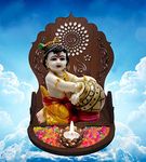 SN Handicrafts Hand Carved Baby Krishna Resin Sculpture Lord Krishna Makhan Chor Idol-with Wooden Mini Temple for Home Diwali Decorations Items for Home Pooja Room Gifts