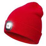 LED Beanie Hat with Light,Unisex 4 LED USB Rechargeable Headlamp Knitted Cap Flashlight Head Lights Hat Women Men Gift for Hiking, Biking, Camping,Walking,Running (Red)