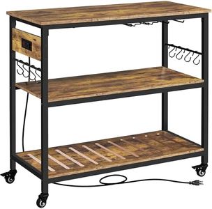 Yaheetech Kitchen Island Cart with Power Outlet, Kitchen Carts on Wheels with Storage, 3-Tier Microwave Stand with Foodpads, Glass and Mug Holders, 8 Hooks, Rustic Brown