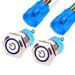 Gebildet 2pcs 0.63''/16mm Stainless Steel Latching Push Button Switch 12V-24V/5A Power Symbol LED 1NO1NC SPDT ON Off Waterproof Toggle Switch with Wire Socket Plug (Blue LED)