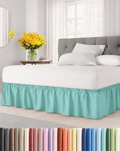Wrap Around Dust Ruffle Bed Skirt – Spa Blue - for King Size Beds with 24 in. Drop – Easy Fit Elastic Strap - Pleated Bedskirt with Brushed Fabric - Wrinkle Free, Machine Wash - by CGK Linens