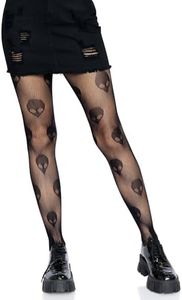 Leg Avenue Women’s Neon Tights Alt Fashion Alien Merch Fishnet Tights for Women with Designs, Black, One Size