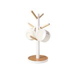 Lifenanny Wooden Mug Holder Tree, Removable Coffee Tea Cup Holder Display Stand for Counter, Mug Rack with 6 Hooks (White)