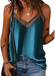 Ekouaer Silk Tank Top for Women Mesh V Neck Satin Camisole Silky Sleeveless Tank Cami Shirt Lake Blue