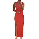 AMhomely Women Dress Sale Clearance Holiday Summer Sleevess Solid Color Sexy Long Maxi Dress UK Ladies Dress Party Elegant Beach Dress Club Cocktail Work Dresses Evening Gowns Red