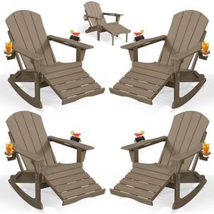 PLUUV Folding Adjustable Adirondack Rocking Chair Set of 4 with Retractable Ottoman and Cup Holders, Outdoor HDPE Adirondack Rocker Patio Chair, Wood-Like Reclining Adirondack Chair, Brown