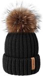 FURTALK Winter Knit Hat Detachable Real Raccoon Fur Pom Pom Womens Girls Warm Knit Beanie Hat Black
