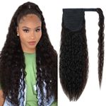 Elailite Human Hair Ponytail Extension Afro For Black Women 100% Real Remy Hair Corn Wave Wavy - Wrap Around With Clip (#1B Natural Black, 22 Inch)
