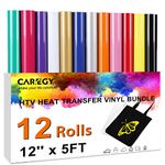 12 Roll Heat Transfer Vinyl 12 Inch by 5 Feet for T-Shirts, Iron on HTV Compatible with Cricut, Cameo, Heat Press Machines, Sublimation