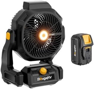 BougeRV Battery Powered Fan 755 CFM Portable Fan with 8A Removable Battery, Metal Hooks, USB Port, AC/DC Supply, Bright Light, 210° Tilt for Jobsite, Camping, Workshop, RV, Power Outage, Home