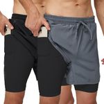 frueo 2 Pack Men's 2 in 1 Running Shorts Dry Fit Workout Shorts Lightweight Compression Shorts Breathable Performance Shorts for Men with Zipper Pocket(0602) Black Gray-XL