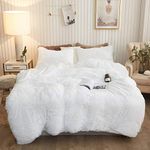 XeGe Plush Shaggy Duvet Cover Set, Luxury Ultra Soft Crystal Velvet Fluffy Bedding Sets 3 Pieces(1 Furry Faux Fur Comforter Cover + 2 Fuzzy Faux Fur Pillowcases), Zipper Closure(Queen, White)