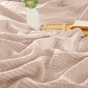 PHF 100% Cotton Muslin Throw Blanket 50" x 60", 4-Layer Lightweight and Breathable Blanket for Summer, Luxuriously Soft Gauze Throws for Couch, Natural Minimalism Style, Ideal Gift, Light Pink