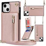 Jaorty Crossbody Phone Case for iPhone 13 Case with Card Holder for Women,iPhone 13 Case Wallet with Strap Lanyard for Men,PU Leather Magnetic Clasp with Kickstand 6.1", Rosegold