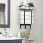 Luxspire Towel Racks Wall Mounted for Bathroom, Towel Holder Wall Mounted with Wooden Floating Shelf & 3 Metal Hooks, Rolled Bath Towel and Hand Towel Rack for Bathroom, Rustic Wooden