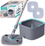 TRUE & TIDY Square Spin Mop & Bucket System – Dual Chamber for Clean & Dirty Water, 360° Rotating Self-Wringing Mop with Built-in Scrub Brush, Stainless Steel Handle & 2 Reusable Microfiber Mop Pads