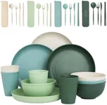 Durable Wheat Straw Dinnerware Set for 4 – Includes Plates, Bowls, and Utensils – Green, Microwave & Dishwasher Safe – Perfect for Kids and Seniors by Slow Hour