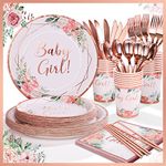 VEIZEDD Baby Girl Shower Decorations,Baby Shower Plates and Napkins Party Supplies with Rose Gold Foil, Pink Floral Paper Plates, Napkins, Dessert Plate, Disposable Cups, Tea Party Supplies