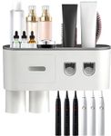 Toothbrush Holders for Bathroom, No-Drill Wall Mounted Toothbrush Holder with 2 Automatic Toothpaste Dispensers 6 Brush Hooks 2 Magnetic Cups 1 Cosmetic Drawer Organizer and 1 Large Storage