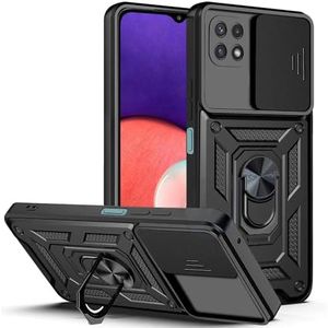 AESTMO Tough Armor Samsung Galaxy A22 5G Bumper Back Case Cover | Ring Holder & Sliding Camera Shield Cover | 360 Degree Protection Back Case Cover for Samsung Galaxy A22 (Black)