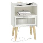 Nightstand with Charging Station, Bedside Tables with Glass Decorative Door, End Table Side Table with 2 Tiers Storage Space, for Bedroom, Living Room, White CAMLBZ07WE