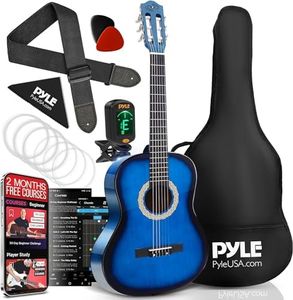Pyle Beginner Acoustic Guitar Kit, 3/4 Junior Size All Wood Build Nylon String Instrument with Capo, Gig Bag, Strap, Extra String Set, Guitars for Beginners Adults and Youth, 36" Blue Burst Gloss