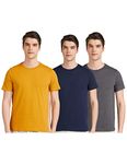 Amazon Brand - Symbol Men's Solid Cotton T Shirt | Plain | Round Neck | Half Sleeve - Regular Fit | Combo Pack of 3 (Available in Plus Size) (Dark Grey Melange, Iris Navy, Inca Gold_L)