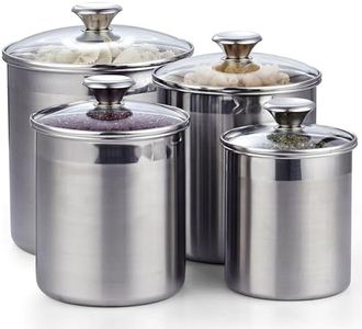 Cooks Standard Stainless Steel Food Jar Storage Canister Set Large 4-Piece, 1.6qt/2.5qt/3.5qt /5qt Airtight Containers with Glass Lid for Tea Coffee Sugar Flour Pantry Kitchen Counter