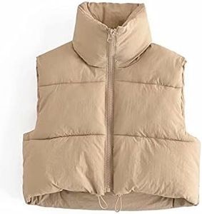 FindThy Women's Padded Down Vest Retro Stand Collar Puffy Zip Up Crop Jacket(0244-Beige-XS-LB)