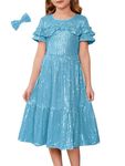 GRACE KARIN Girls 2024 Summer Fall Dress Crew Neck Cute Prinzess Sequin Dress Short Ruffle Sleeve Party Dress Blue 8-10 Years