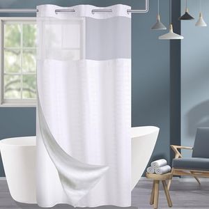 Conbo Mio Stall No Hook Shower Curtain with Snap in Liner Set, Hotel Luxury White Fabric Shower Curtains for Bathroom with See Through Top Window, Washable, Waterproof 36W x 74H