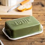 Porcelain Covered Butter Dish with Lid for Countertop Butter Holder Container for One Stick of Butter. Textured Tray Butter Keeper for Non Slip Storage-Green Small