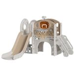 FUKEA Castle Kids Slide, Toddler Large Slide Playground Outdoor Indoor, Garden Slide Climbing Frame with Storage Box, Basketball Hoop, Crawl Tunnel, Multi-function Slide for Toddlers age 1-3(Beige)