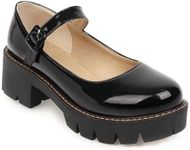 Women's Round Toe Ankle Strap Mary Janes Platform Low Heel Chunky Pumps Oxford Dress Shoes, Black, 8.5