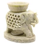 KC KULLICRAFT Marble Soapstone Aroma Candle Diffuser Oil Burner Tea Light Holder Handcrafted Elephant Trunk Up Carving for Home and Office Decor.