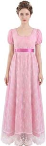 ZhouBoat Regency Dress for Women Double Layer Lace Ruffled Puff Sleeve Empire Waist Vintage Victorian Tea Party Gown Pink S
