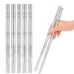 5 Pairs Premium Stainless Steel Chopsticks Dishwasher Safe, Non-Slip Metal Chopsticks Mirror-Polished Reusable, Lightweight Square Chop Sticks Gift Set, Silver