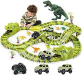 burgkidz Dinosaur Kids' Play Car Race Tracks, 260 Pcs Flexible Dinosaur Train Track with 7 Dinosaurs Figures, 3 Race Cars Vehicle Playset with Lights to Create A Dinosaur World for Boys Girls Ages 3+