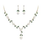 Ever Faith Wedding Jewelry for Bride CZ Green Crystal Simulated Pearl Floral Vine Filigree Necklace Earrings Set for Woman Gold-Tone