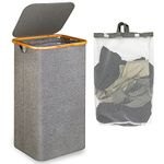 efluky Slim Laundry Basket with Lid, Narrow Laundry Hamper with Removable Bag, Skinny Dirty Clothes Basket with Bamboo Handles for Bathroom, Bedroom & Laundry Room, 100L Grey