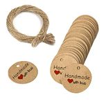 150 PCS Kraft Paper Gift Tags Handmade with Love Tags Round Tags DIY Name Tags Brown Gift Tags Favour Tags Craft Card Tags Wedding Labels Round Hang Tags with String for Luggage Crafts