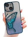 mobistyle Designed for iPhone 13 Cover with Glitter Cute Butterfly Electroplate Plating Design Back Cover Case for Women Teen Girls (Blue)