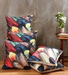 ROMEE Digitally Feather Printed Jute Multicolor Cushion/Pillow Covers for Sofa, Set of 5 (16 X 16 Inches)